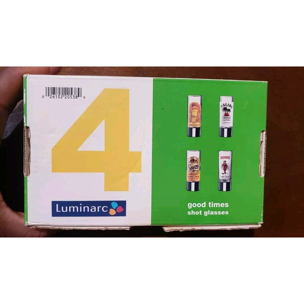 Luminarc set of 4 shot glasses (2 oz.) Malibu Beefeater Kahlua NEW